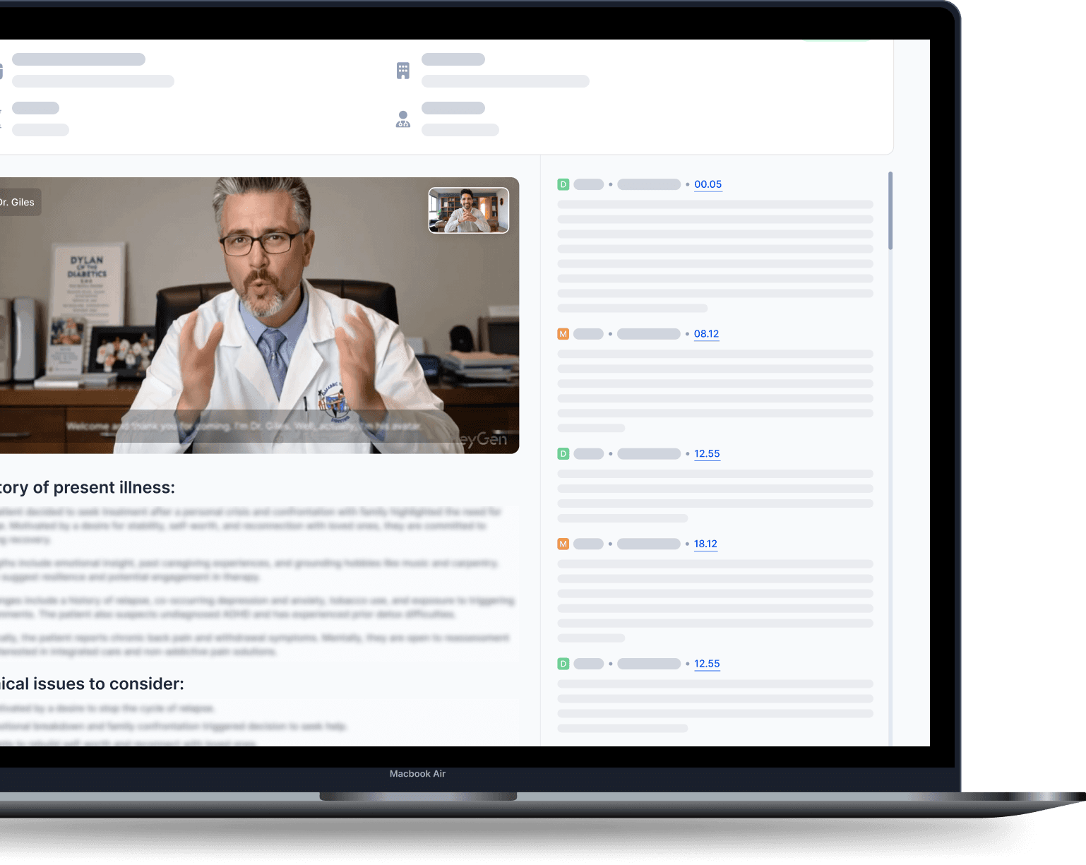 Assessment detail view with video playback, timestamped transcript, and clinical summary