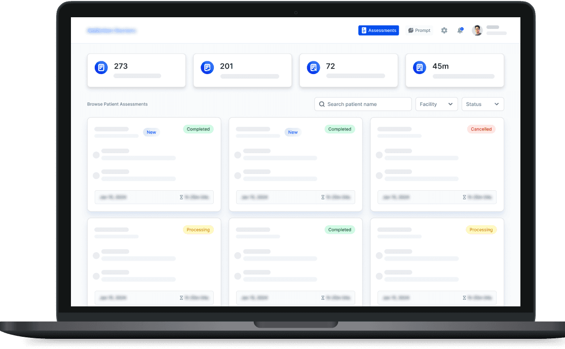 AI-assisted clinical intake dashboard showing assessment overview with KPIs and status tracking