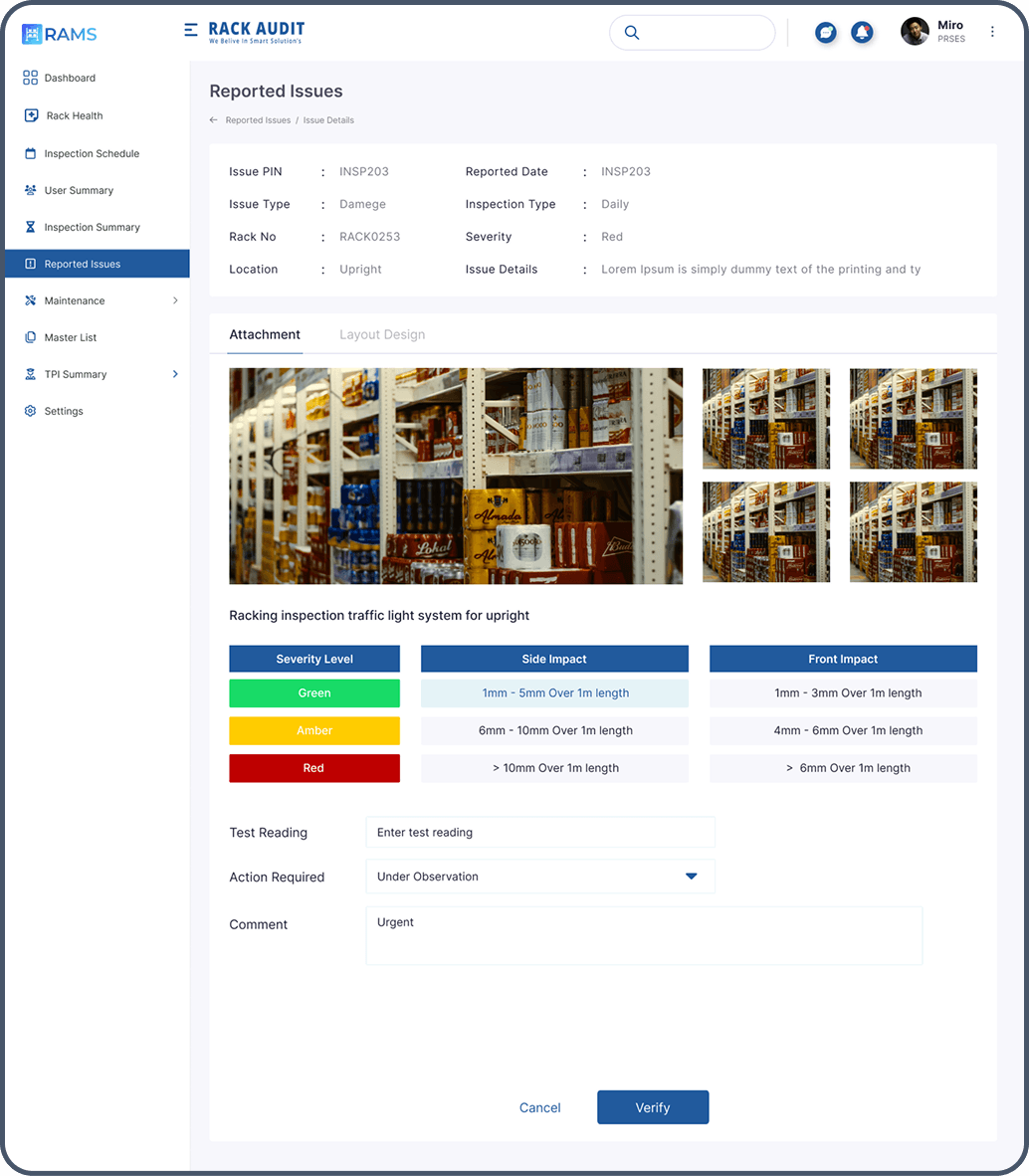 Reported issues detail view with photo attachments and traffic-light severity classification